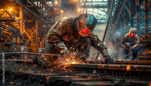 A worker in safety gear and protective glasses is working on the railroad tracks, welding them together with an industrial welding machine to create new paths for trains. photo