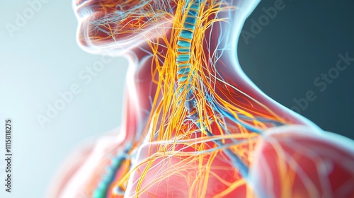 94.A detailed medical 3D illustration of the brachial plexus, showing how the nerves branch from the spinal cord and extend through the shoulder and into the arm. The image features a photo