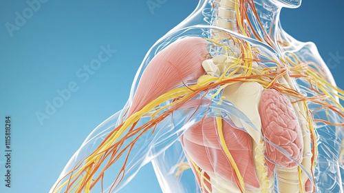 95.A comprehensive 3D anatomical illustration of the brachial plexus nerves in the shoulder, depicting the nerve pathways that control movement and sensation in the arm. The illustration shows the photo