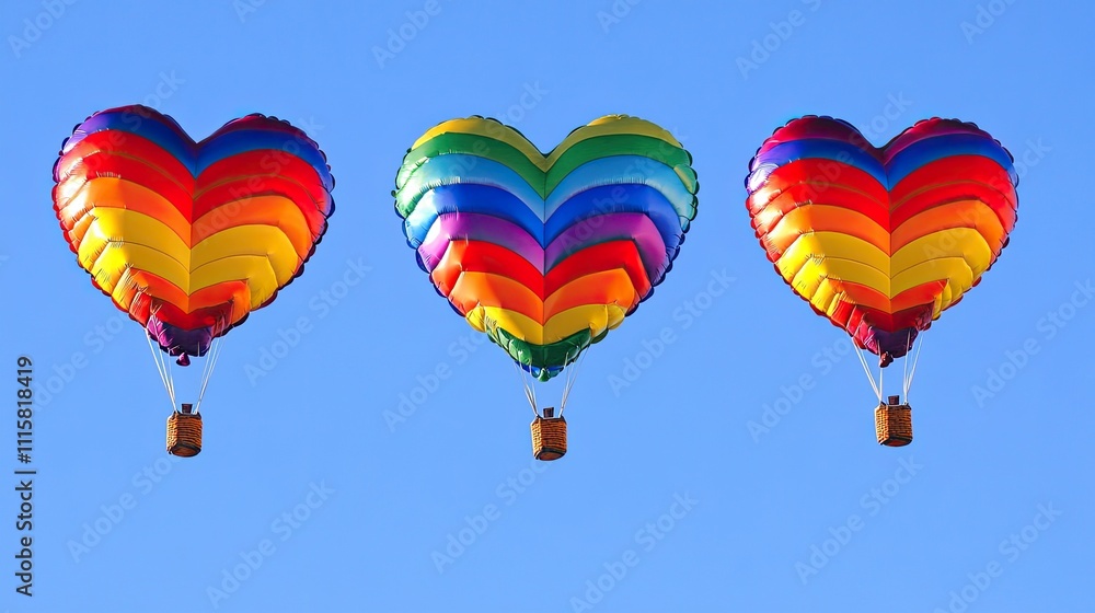 Fototapeta premium Colorful Heart-Shaped Hot Air Balloons Flying in Clear Blue Sky