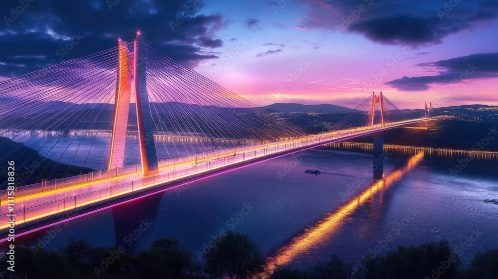 Obraz premium A stunning cable-stayed bridge illuminated at sunset over a river.
