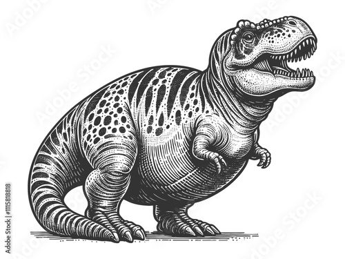 plump fat dinosaur body positive chubby T-rex body, showcasing unique, retro-inspired artwork sketch engraving generative ai vector illustration. Scratch board imitation. Black and white image.