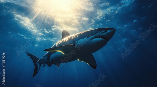 Wallpaper Mural Great white shark swimming in deep ocean with sunlight rays shining through water, marine predator, underwater wildlife, sea exploration, aquatic nature, majestic creature. Torontodigital.ca