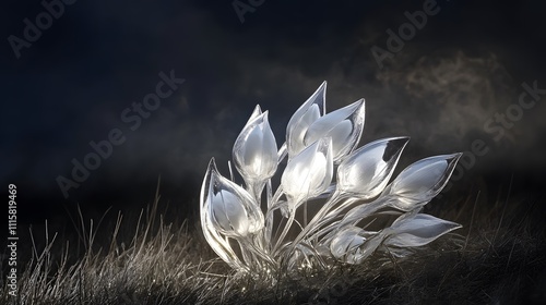In the foreground, snowdrops in full bloom stand out against the green grass, their petals gently swaying with each movement of the wind