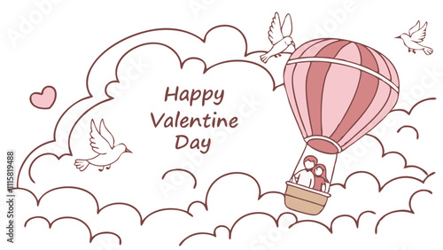Soft and dreamy Valentine’s Day banner featuring a couple in a hot air balloon among fluffy clouds