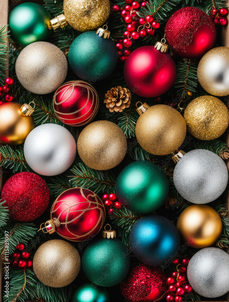 Top-down view of vibrant Christmas baubles and ornaments nestled among green branches and red berries, creating a festive and colorful holiday display. Generative AI Top-down view of vibrant Christmas baubles and ornaments nestled among green branches and red berries, creating a festive and colorful holiday display. Generative AI