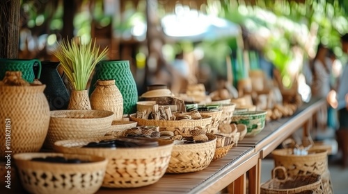 A display of woven baskets and natural products at a market.