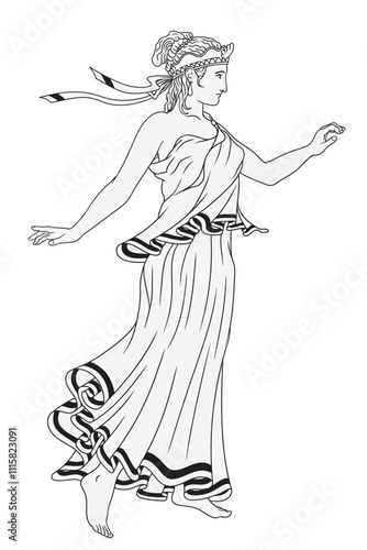 Ancient Greek young woman goddess in tunic dancing. Figure isolated on white background