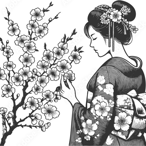 geisha in traditional kimono, surrounded by detailed blooming flowers and foliage sketch engraving generative ai fictional character vector illustration. Scratch board imitation. Black and white image