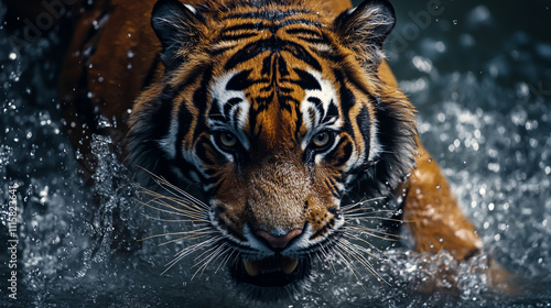 Close-up of a Siberian tiger (Panthera tigris altaica) captured from a low angle, charging directly toward the camera while splashing through water. 