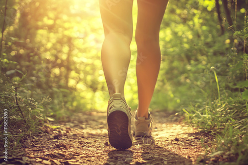 Close-up of a woman's legs in hiking shoes walking on a forest trail, with sunlight filtering through the trees.