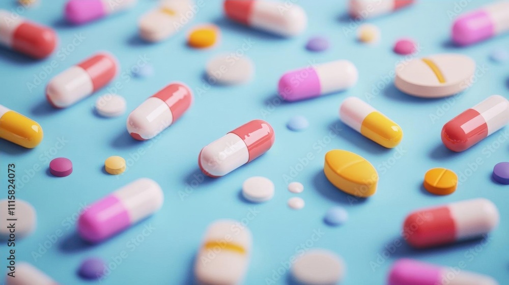 Assorted pills and capsules on a blue background, representing medication. Assorted pills and capsules on a blue background, representing medication.