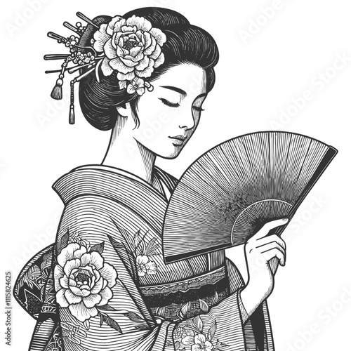  graceful geisha in traditional attire, adorned with flowers and hairpins, holding a decorative fansketch engraving generative ai vector illustration. Scratch board imitation. Black and white image.