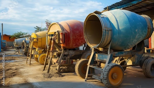Wallpaper Mural Four colorful concrete mixers lined up at a construction site. Torontodigital.ca