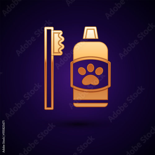 Gold Dental hygiene for pets icon isolated on black background. Toothbrush and toothpaste. Teeth cleaning. Vector