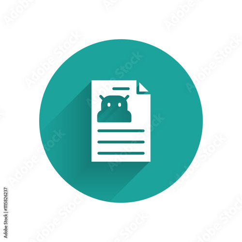 White Technical specification icon isolated with long shadow. Technical support check list, team work solution, project management, software upgrade. Green circle button. Vector