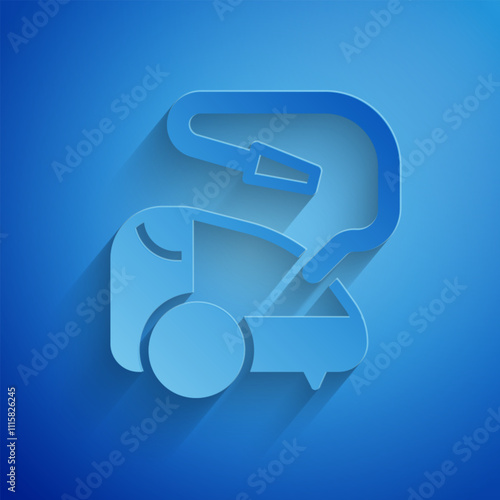 Paper cut Vacuum cleaner icon isolated on blue background. Paper art style. Vector