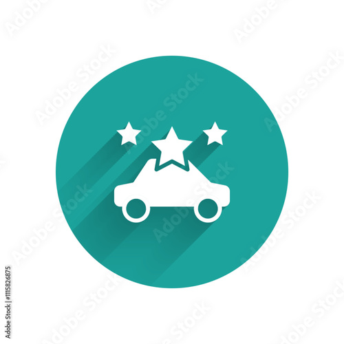 White Car sharing icon isolated with long shadow background. Carsharing sign. Transport renting service concept. Green circle button. Vector