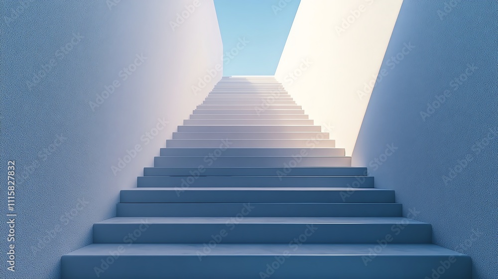 Obraz premium White stairs leading to a bright white light at the end in a minimalist, blue room.