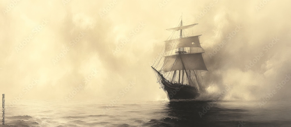Sailing ship in foggy sea, sepia toned. Sailing ship in foggy sea, sepia toned.