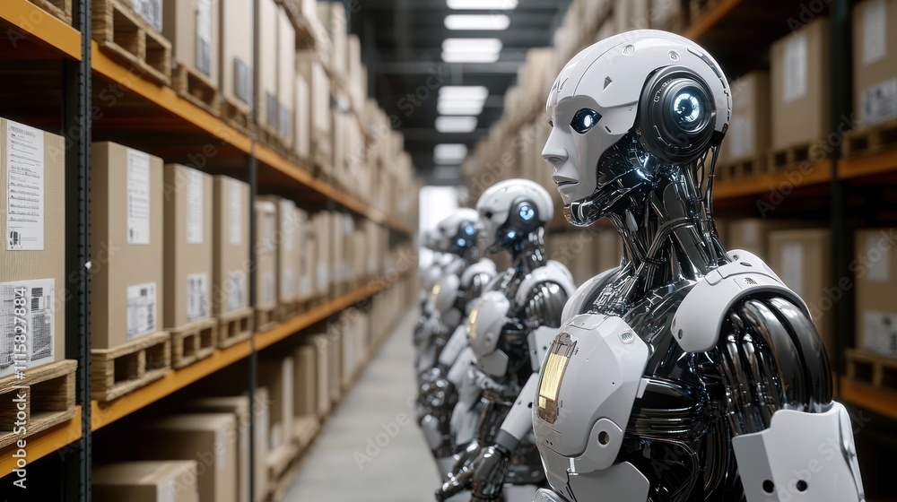 Row of robots in warehouse aisle among cardboard boxes. Row of robots in warehouse aisle among cardboard boxes.