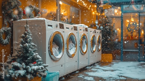 A cozy laundromat scene decorated for winter with snow and holiday cheer.