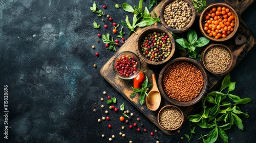 Assorted spices and herbs in wooden bowls on rustic background photo