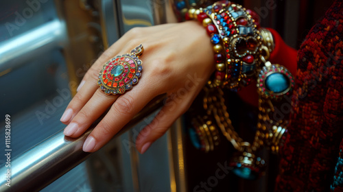 A hand adorned with colorful bracelets and a large ornate ring rests on a metal railing. Concept of fashion accessory style.