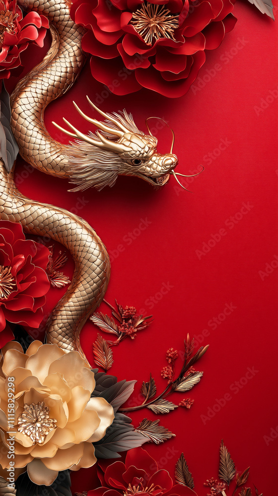 Fototapeta premium Golden dragon on red with floral accents: festive asian design