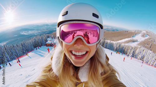 Smiling woman enjoying sunny ski day in mountains