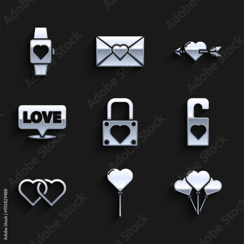 Set Lock and heart, Balloons in form of, Please do not disturb with, Two Linked Hearts, Speech bubble text love, Amour arrow and the center wrist watch icon. Vector