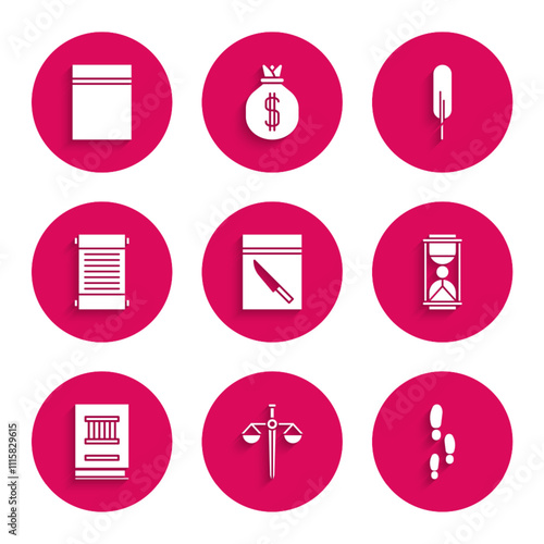 Set Evidence bag and knife, Scales of justice, Footsteps, Old hourglass with sand, Law book, Decree, paper, parchment, scroll, Feather pen and Plastic ziplock icon. Vector