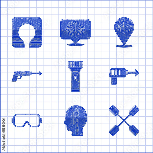 Set Flashlight, Diving hood, Paddle, Fishing harpoon, mask, Scallop sea shell and Life jacket icon. Vector