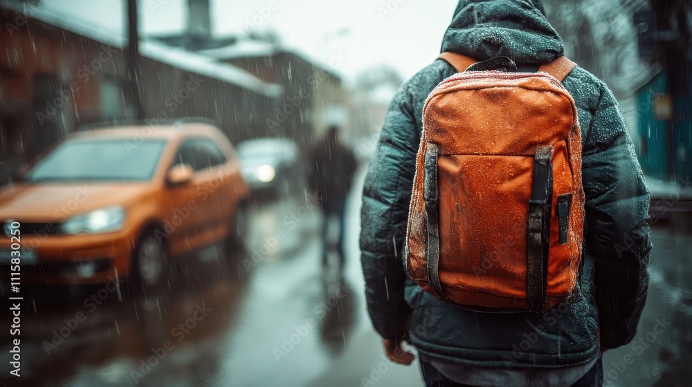 A person in a hooded winter coat and orange backpack walks through a rain-soaked city street, surrounded by blurred traffic and a grey, damp atmosphere. A person in a hooded winter coat and orange backpack walks through a rain-soaked city street, surrounded by blurred traffic and a grey, damp atmosphere.