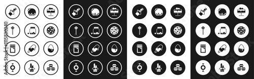 Set Cake on plate, Glass jar with candies inside, Lollipop, Bitten chocolate bar, Cookie or biscuit, Chocolate egg and icon. Vector