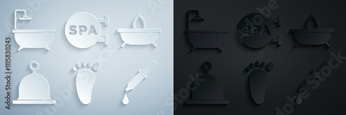 Set Foot massage, Aroma candle, Sauna hat, Pipette, Spa salon and Bathtub icon. Vector