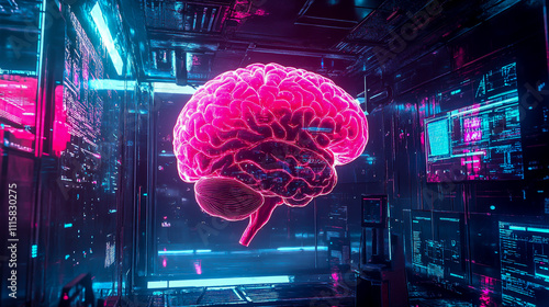 Cyberpunk-style doctor showcasing a glowing human brain. photo