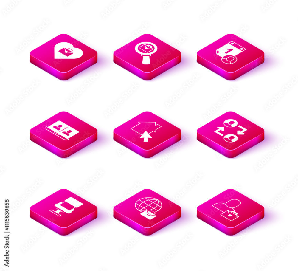 Set Office chair, Online working, Video chat conference, Freelancer, Project team base, Time management and Magnifying glass with briefcase icon. Vector Set Office chair, Online working, Video chat conference, Freelancer, Project team base, Time management and Magnifying glass with briefcase icon. Vector