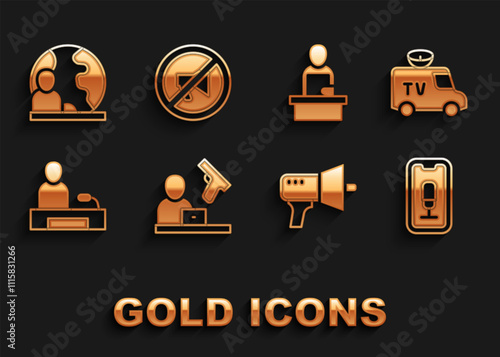 Set Crime news, TV News car, Mobile recording, Megaphone, Television report, Breaking, World and Censored stamp icon. Vector