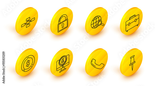 Set line Push pin, Computer monitor with pound sterling symbol, Coin money dollar, Briefcase, Magnifying glass globe, Lock and Business hierarchy organogram chart infographics icon. Vector