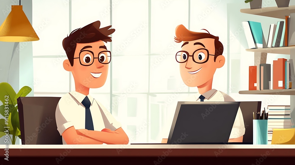 Two cheerful office workers smiling at a desk with a laptop and books in a modern workspace.