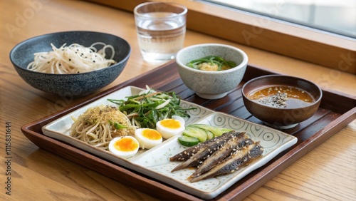 Elegant Banchan Arrangement on Traditional Serving Tray photo