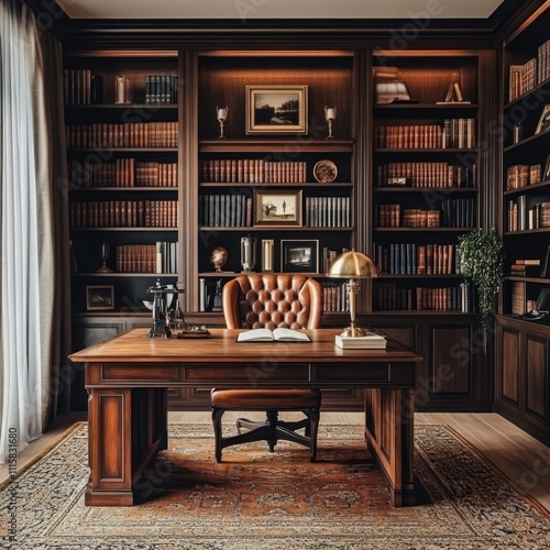 Wallpaper Mural Luxurious home library with classic wooden desk, leather chair, and bookshelves. Torontodigital.ca