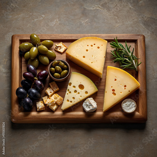 a wooden board with a beautiful serving of different pieces of cheese and other on a light brown stone countertop