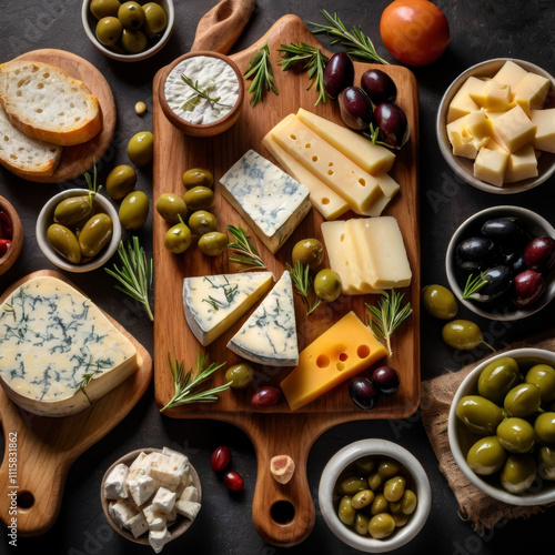 a wooden board with a beautiful serving of different pieces of cheese, greens, olives and others on a gray table. There are products around too