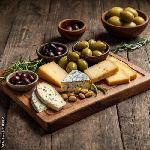 a wooden board with a beautiful serving of different pieces of cheese and other on a brown wooden table