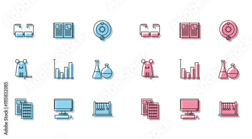 Set line Pills in blister pack, Computer monitor with keyboard and mouse, Glasses, Pendulum, Pie chart infographic, Test tube flask chemical laboratory, Rat and Open book icon. Vector
