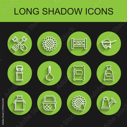 Set line Can container for milk, Shopping basket, Shovel and rake, Sunflower, Watering can, Onion, Bag of flour and icon. Vector