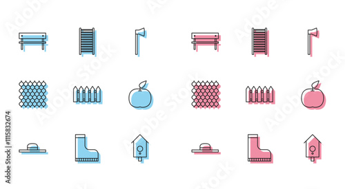 Set line Worker hat, Waterproof rubber boot, Bench, Retro wall watch, Garden fence wooden, Apple, and Wooden staircase icon. Vector