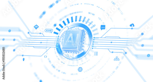 Fototapeta Naklejka Na Ścianę i Meble -  AI chip surrounded by technology icons and digital blue circuits, futuristic design, white background, concept of artificial intelligence and innovation. 3D Rendering.